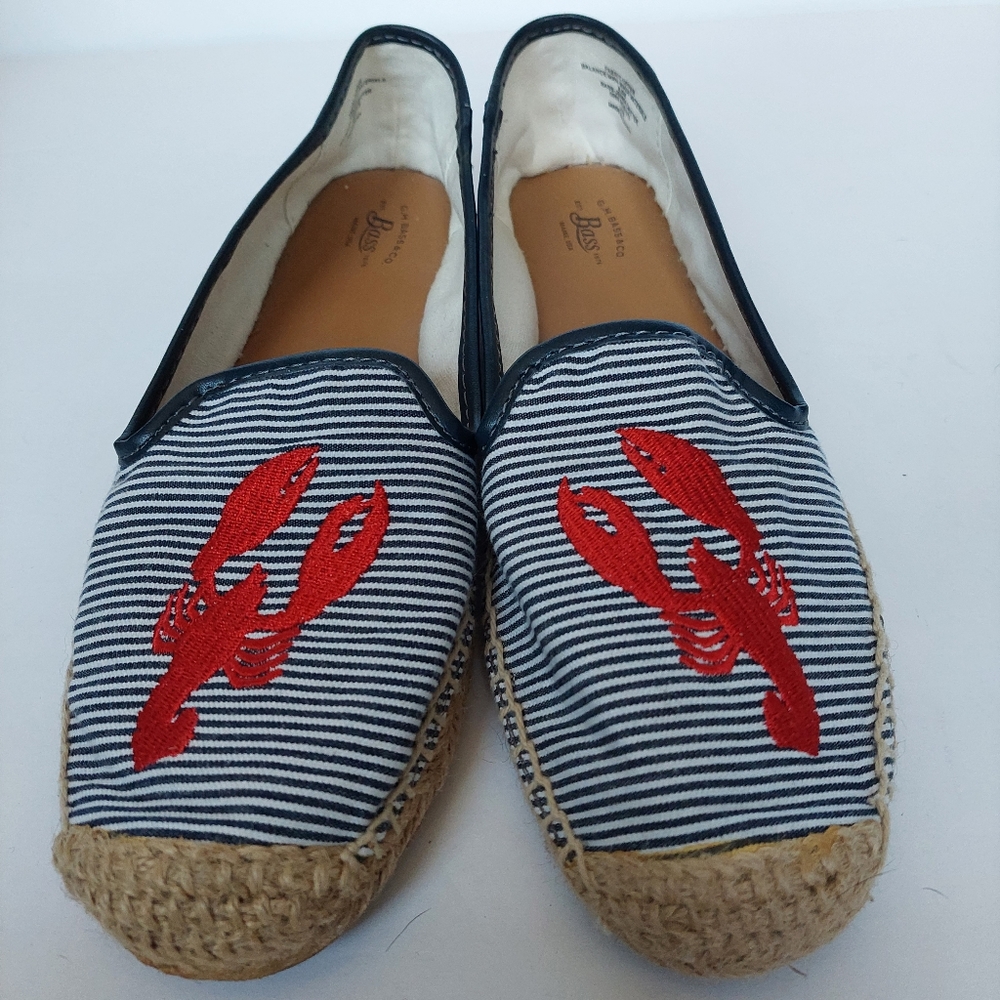 EUC G.H.Bass Jenna Blue Striped Canvas Espadrilles Red Lobster Embroidery Sz 8.5 - Picture 3 of 9